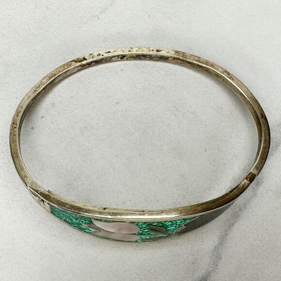 Vintage Alpaca Mexico Mother of Pearl Shell Flower Inlay Bangle - Picture 5 of 9